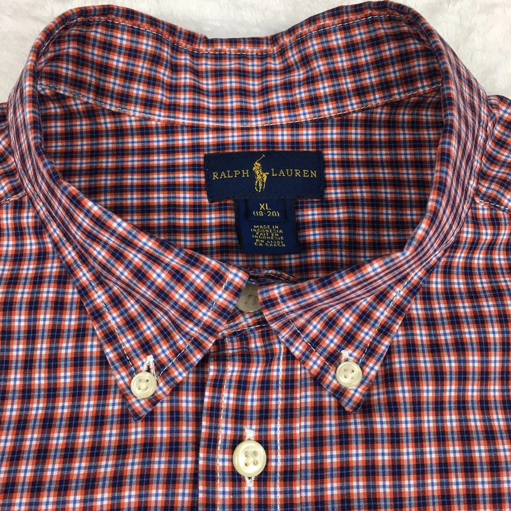 Ralph Lauren‎ Shirt Boys XL (18-20) Burgundy Micro-Plaid Blue Pony